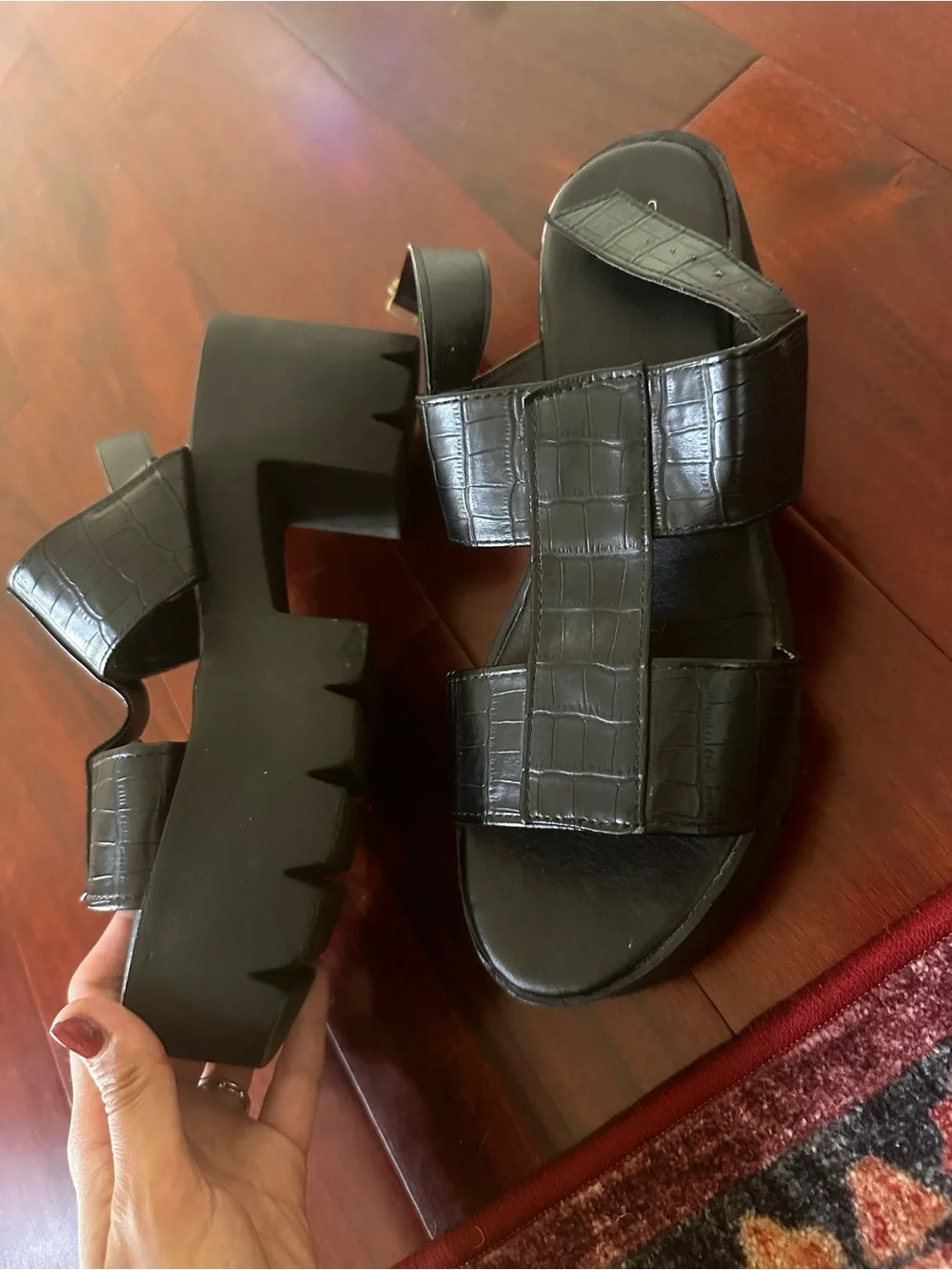 Black Platform Sandals with Croc-Embossed Straps